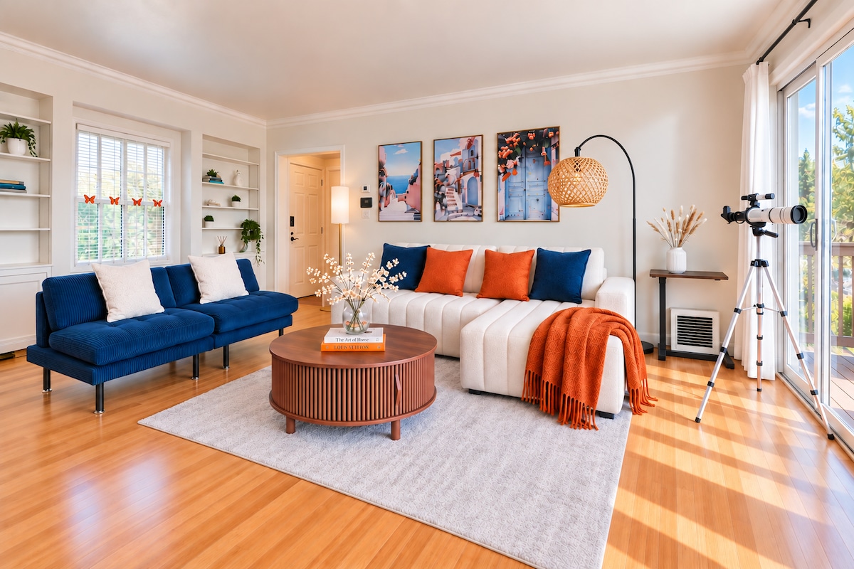 Living room with cream sectional and blue sofa