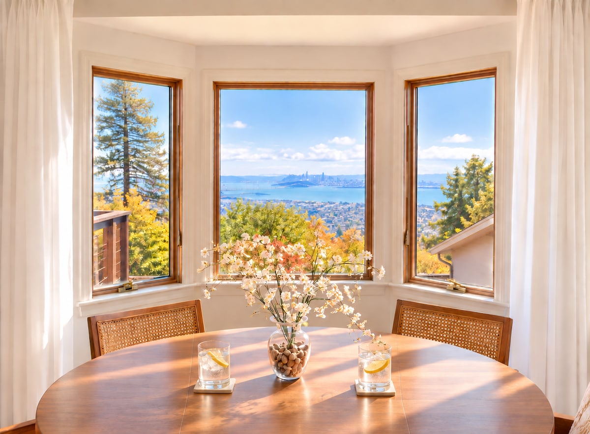 Dining table close-up with Bay and San Francisco skyline