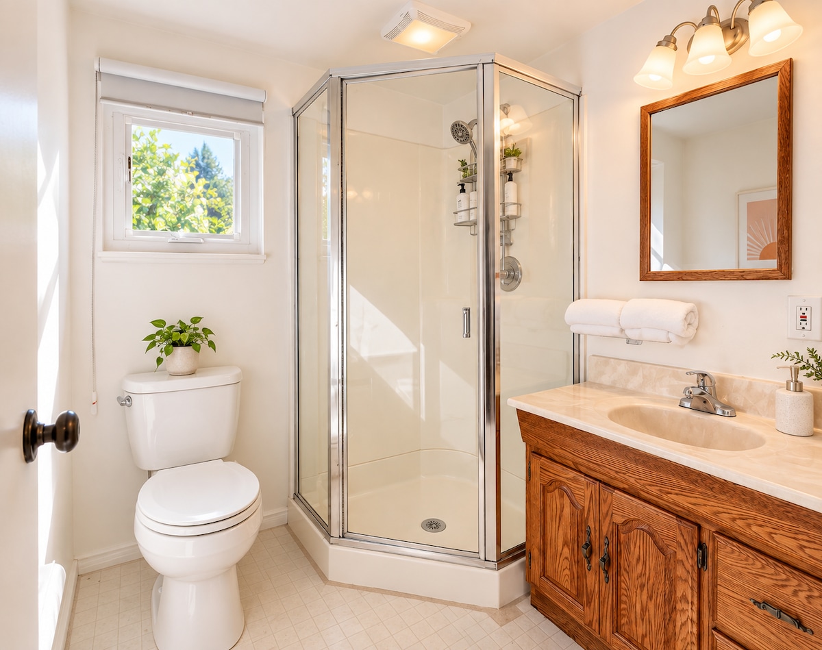 Ensuite bathroom with glass shower in the studio suite