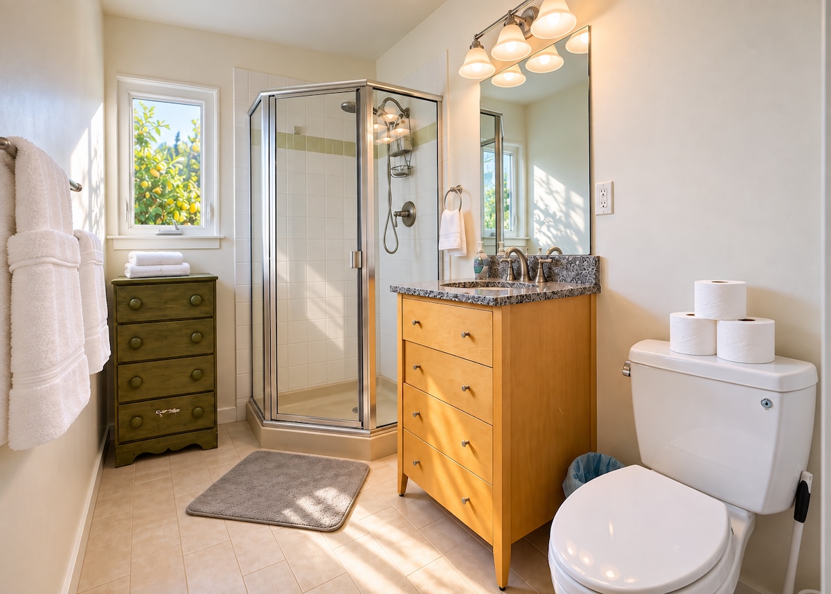 Bathroom with glass shower in the garden studio